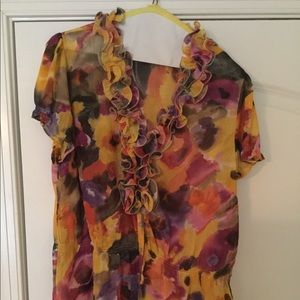 Multicolored blouse with ruffle neckline